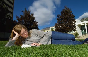 Reading on the campus lawn