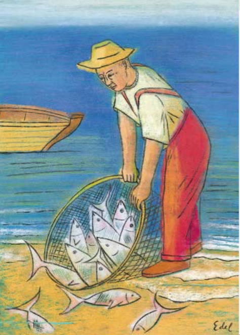 Man on shore with fish in his basket