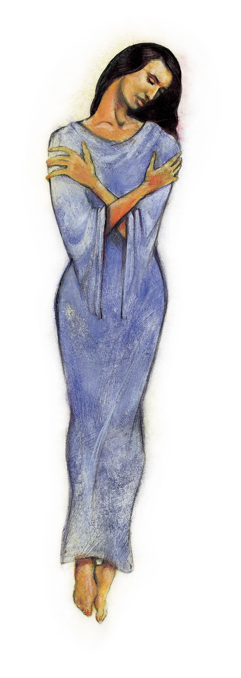 Full-length painting of a barefoot woman in a long blue dress, head bowed as she crosses her arms in a self-embrace.