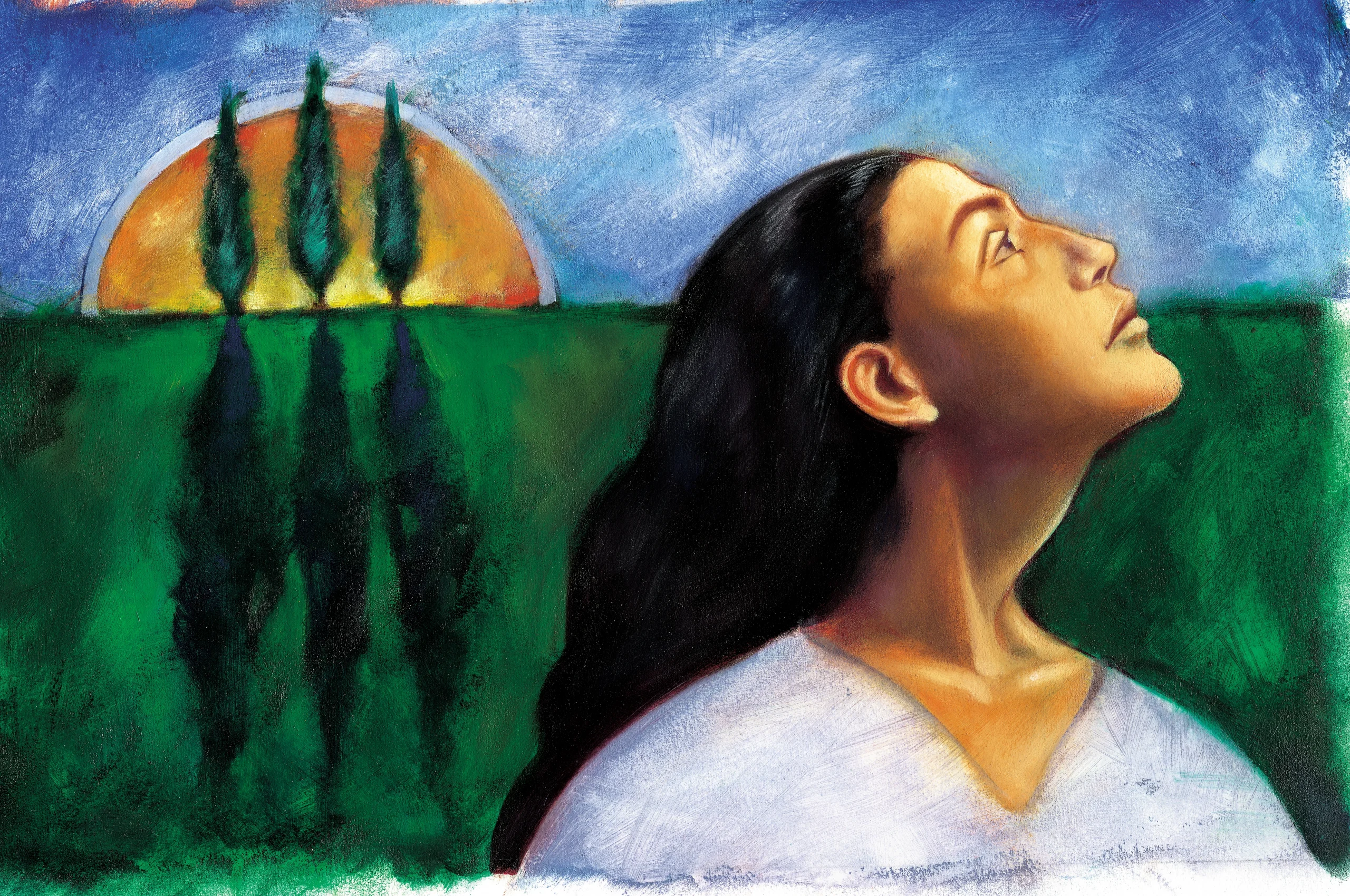 Textured painting of a woman with long dark hair in profile, gazing upward. Behind her, three tall green trees stand before an orange setting sun beneath a blue sky.