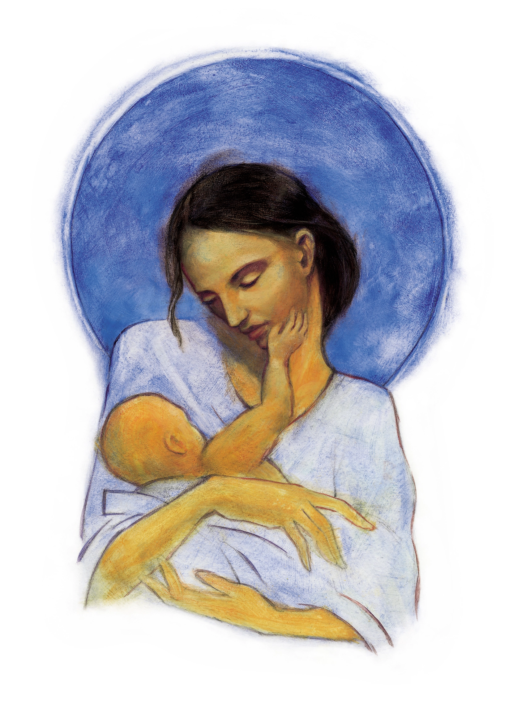 Stylized painting of a mother holding an infant, framed by a large blue circular background.