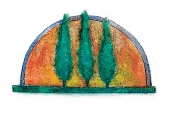 Three slender green trees stand before an orange semicircular sun on a narrow green base.