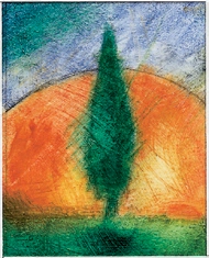 Small painting of a single green, cypress-like tree in front of an orange sun and blue-gray sky.