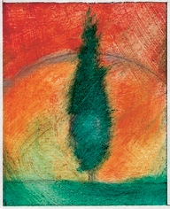Small painting of a dark green tree silhouetted against an orange-red sun.