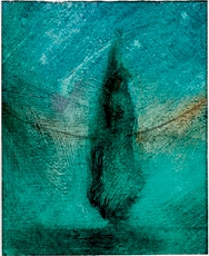 Small abstract painting of a blurred dark tree silhouette against a textured turquoise background.