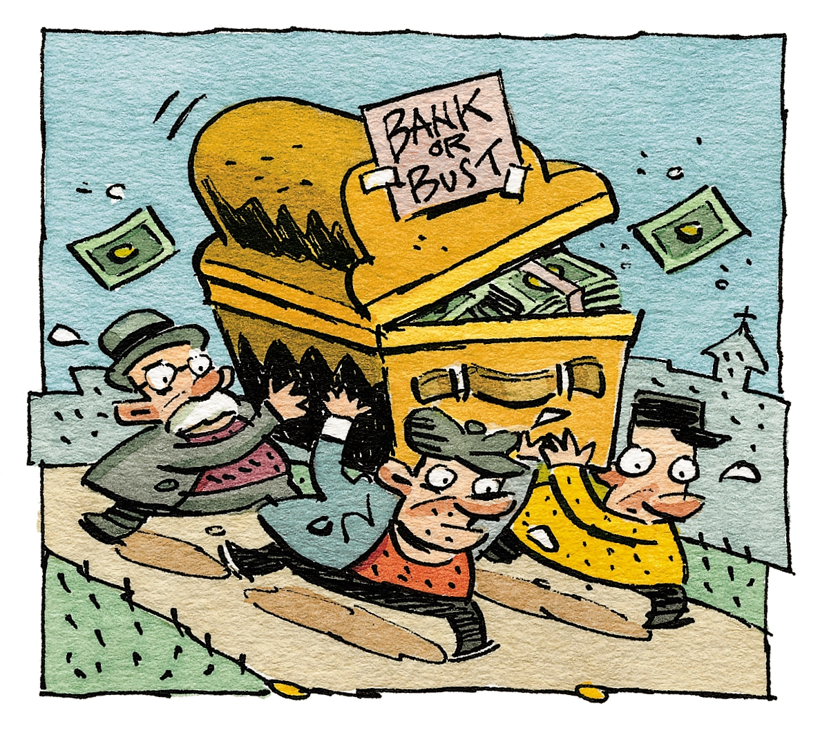 An illustration of three men running away carrying a golden chest full of money with a sign that says "Bank or Bust."