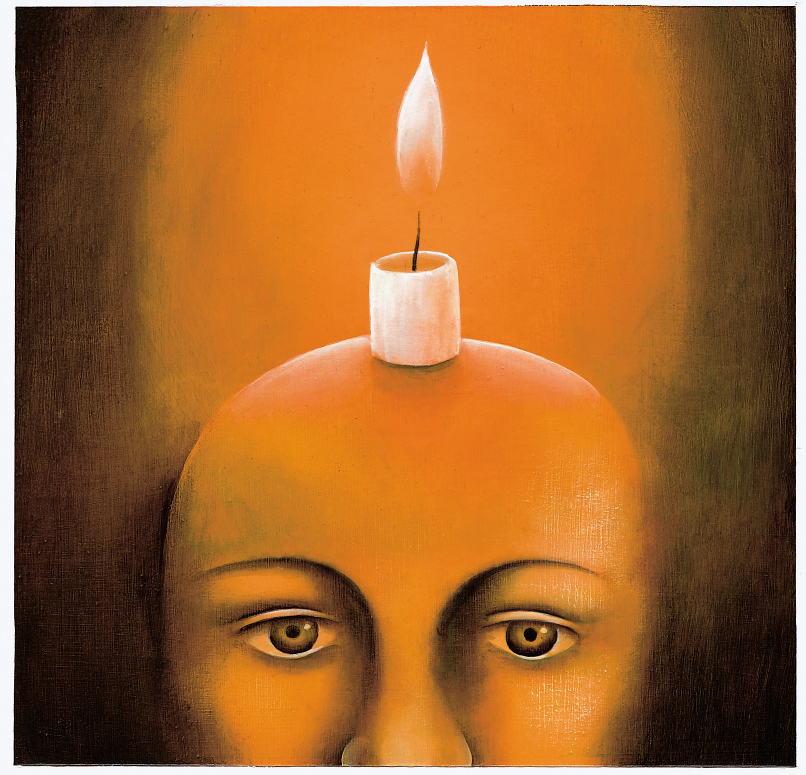 An illustration of a person with a candle on their head.