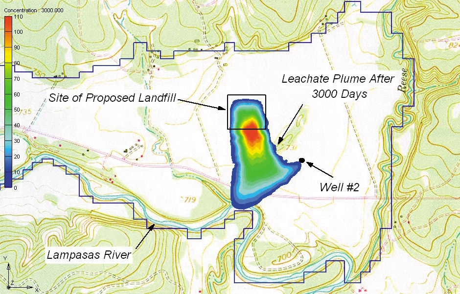 A map with sections highlighted to show a prediction of water contamination risks from landfills.