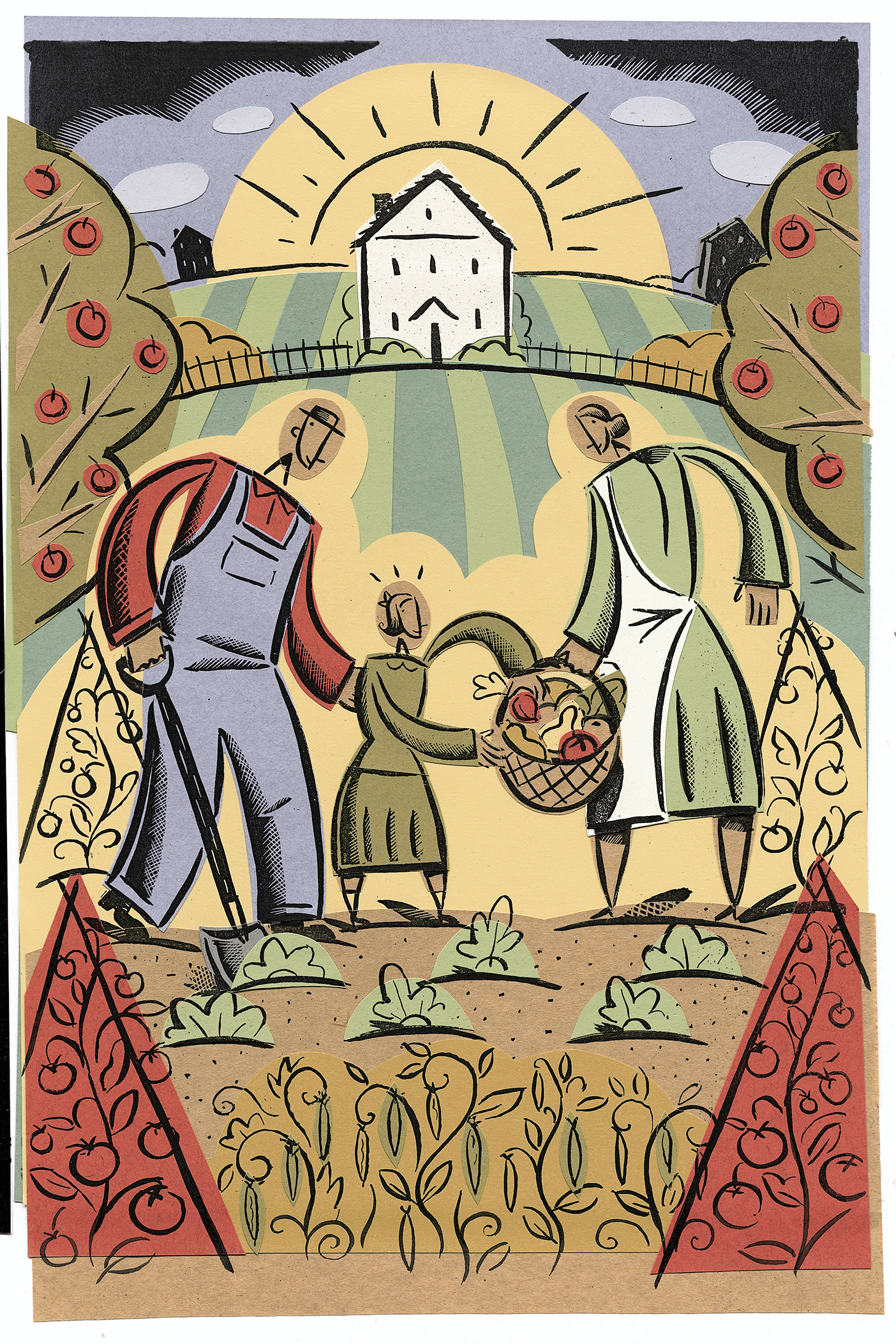 Illustration of a family picking apples together.