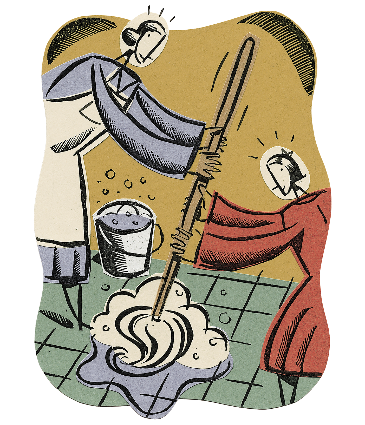 Illustration of mother and daughter mopping the floor together.