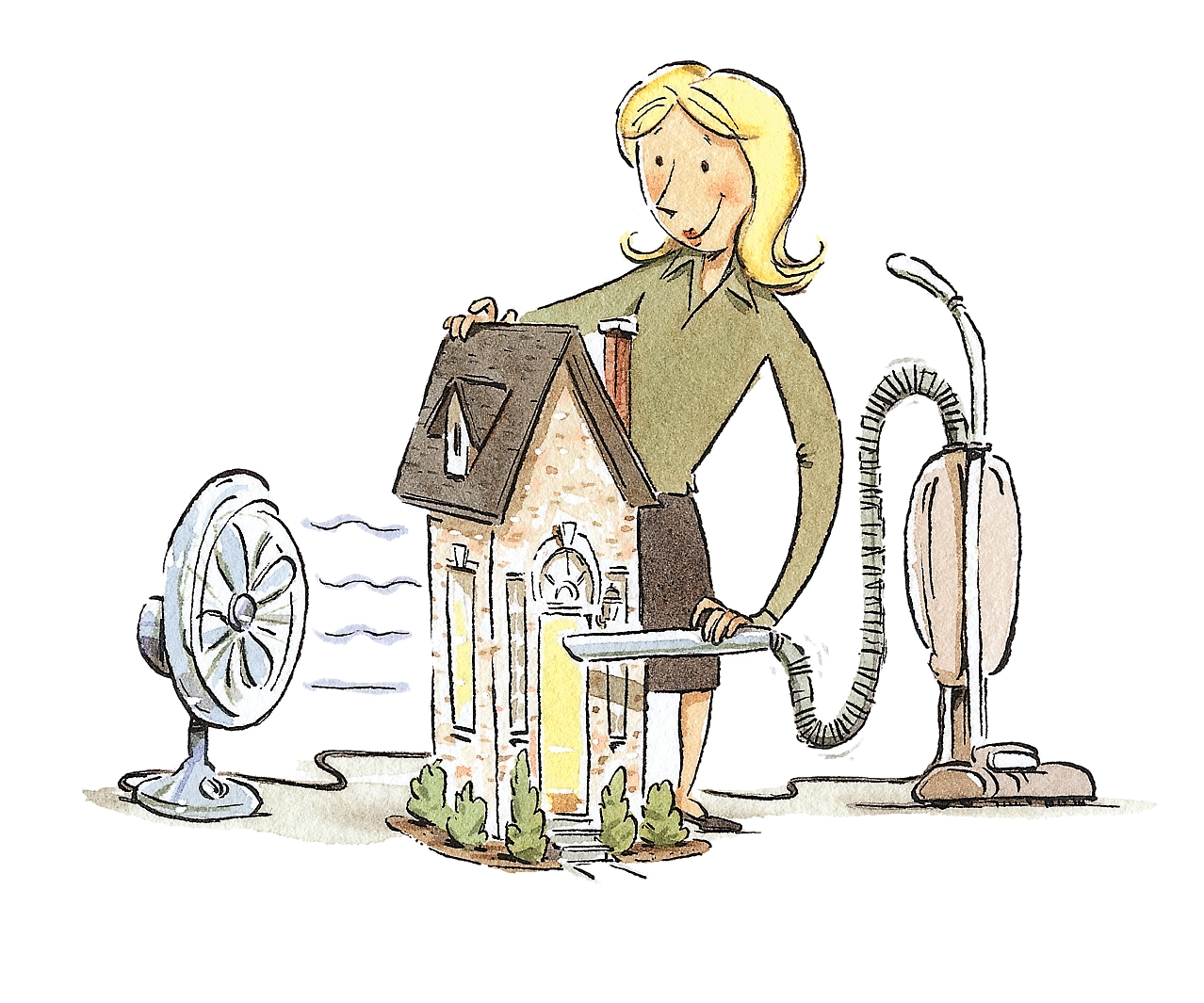 An illustration of a woman holding a vacuum to a house while a fan blows from the other side.