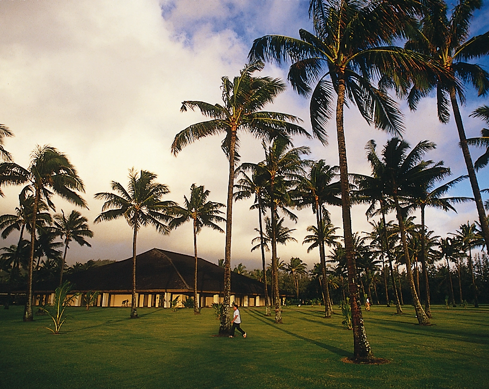 Palm trees around a building with a pointed roof.