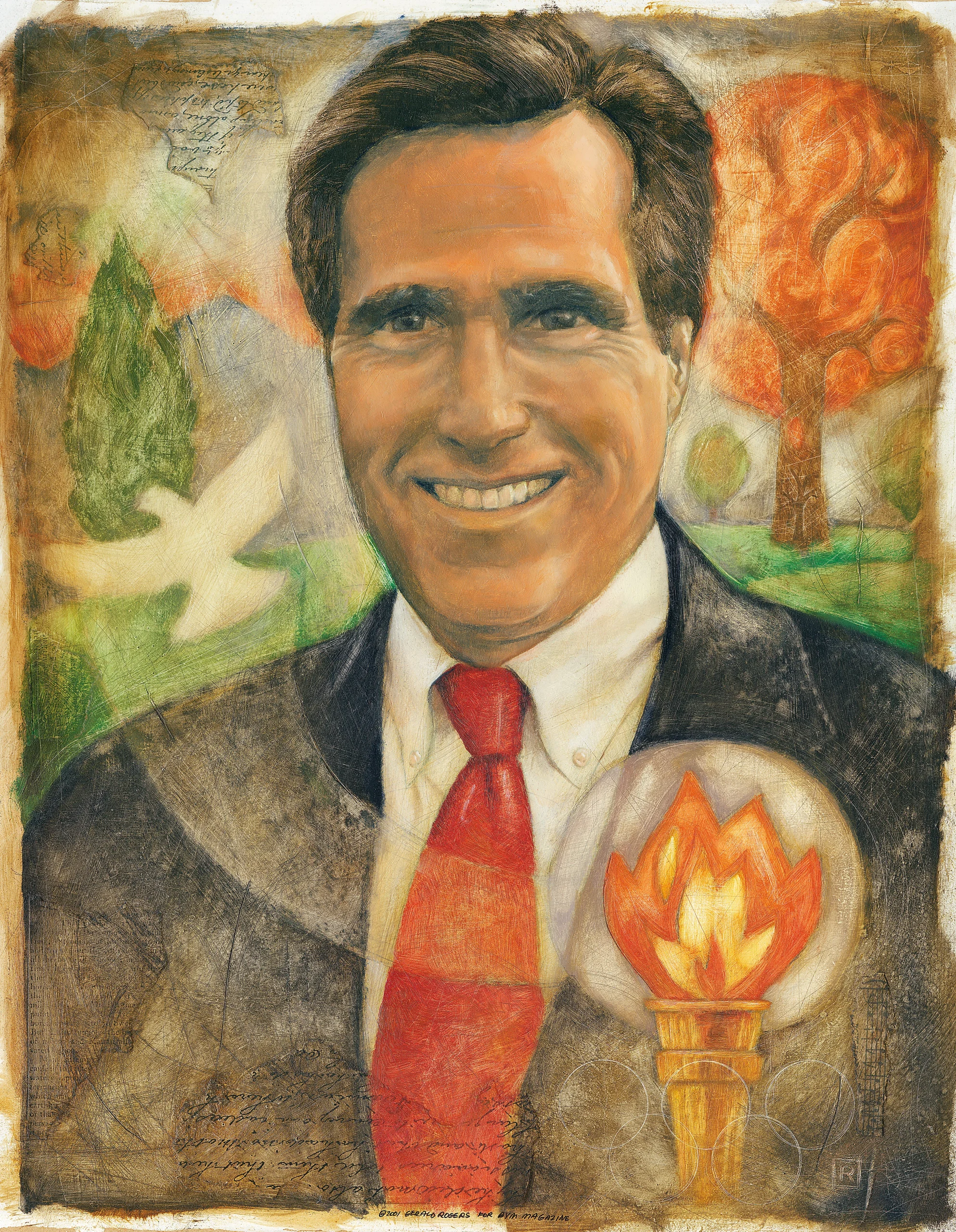 An illustration of Mitt Romney featuring a torch and the silhouette of a dove.
