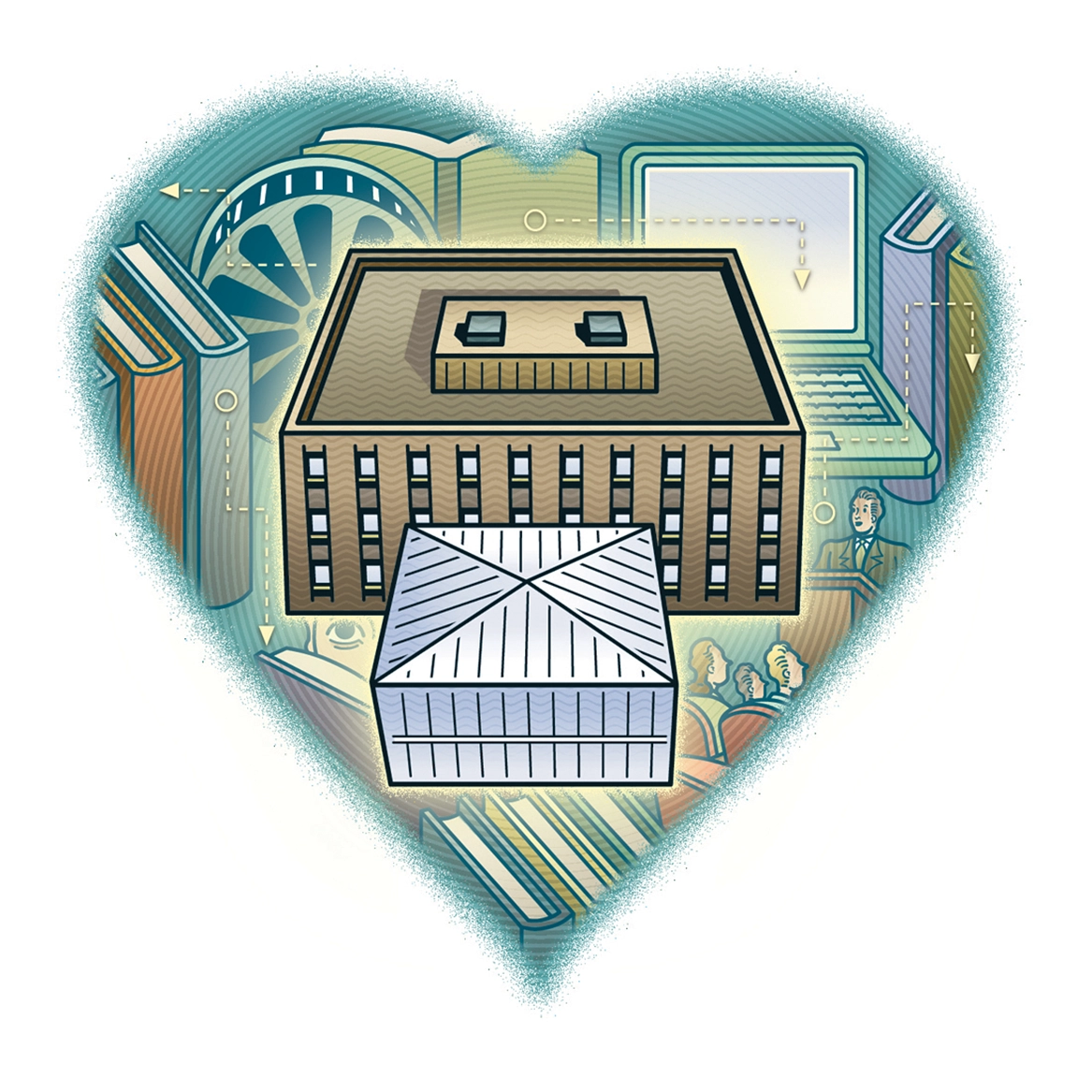 An illustration of a building with a large glass entryway. The image is framed in a heart.