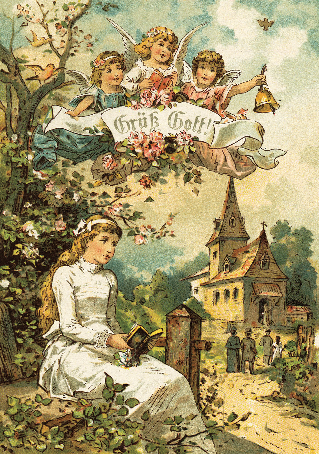 An illustration of a girl sitting under a tree with three angels in the air above her and a church in the background