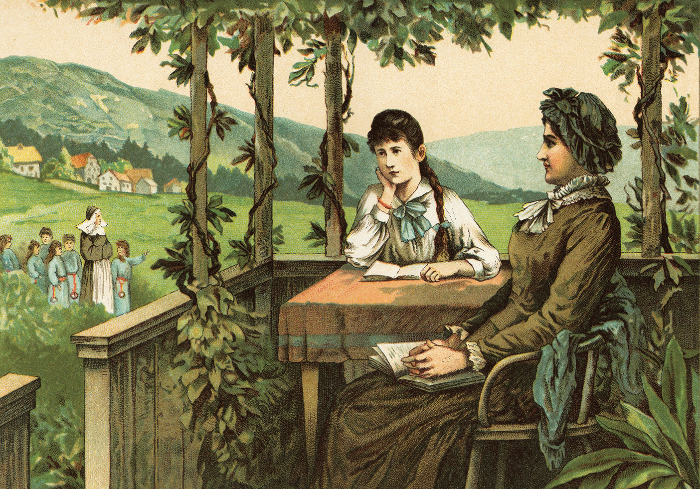 Illustration of a girl sitting at a table on a porch with a book. A stern-looking woman with a book in her lap watches