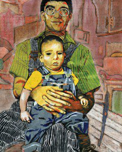 Painting of a father holding a young son on his lap.