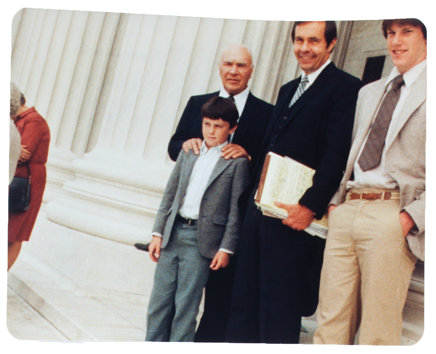 Tom, Mike, and Rex Lee with the children's grandfather Wilford Shumway on the steps of the U.S. Supreme Court