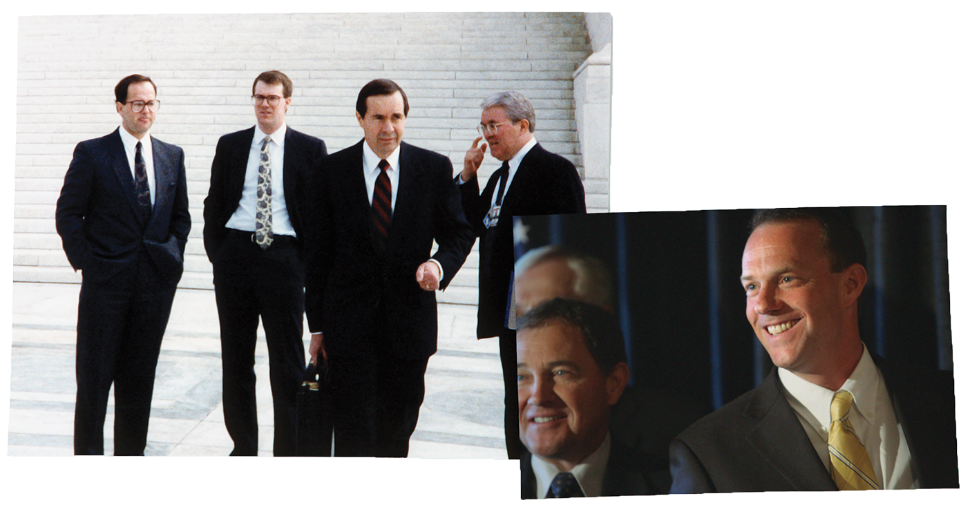 Two pictures; one of Tom Lee with his father at the U.S. Supreme Court and the other of Tom Lee with Governor Gary Herbert.