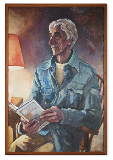 a portrait of Lloyd Alexander holding a book in his hands