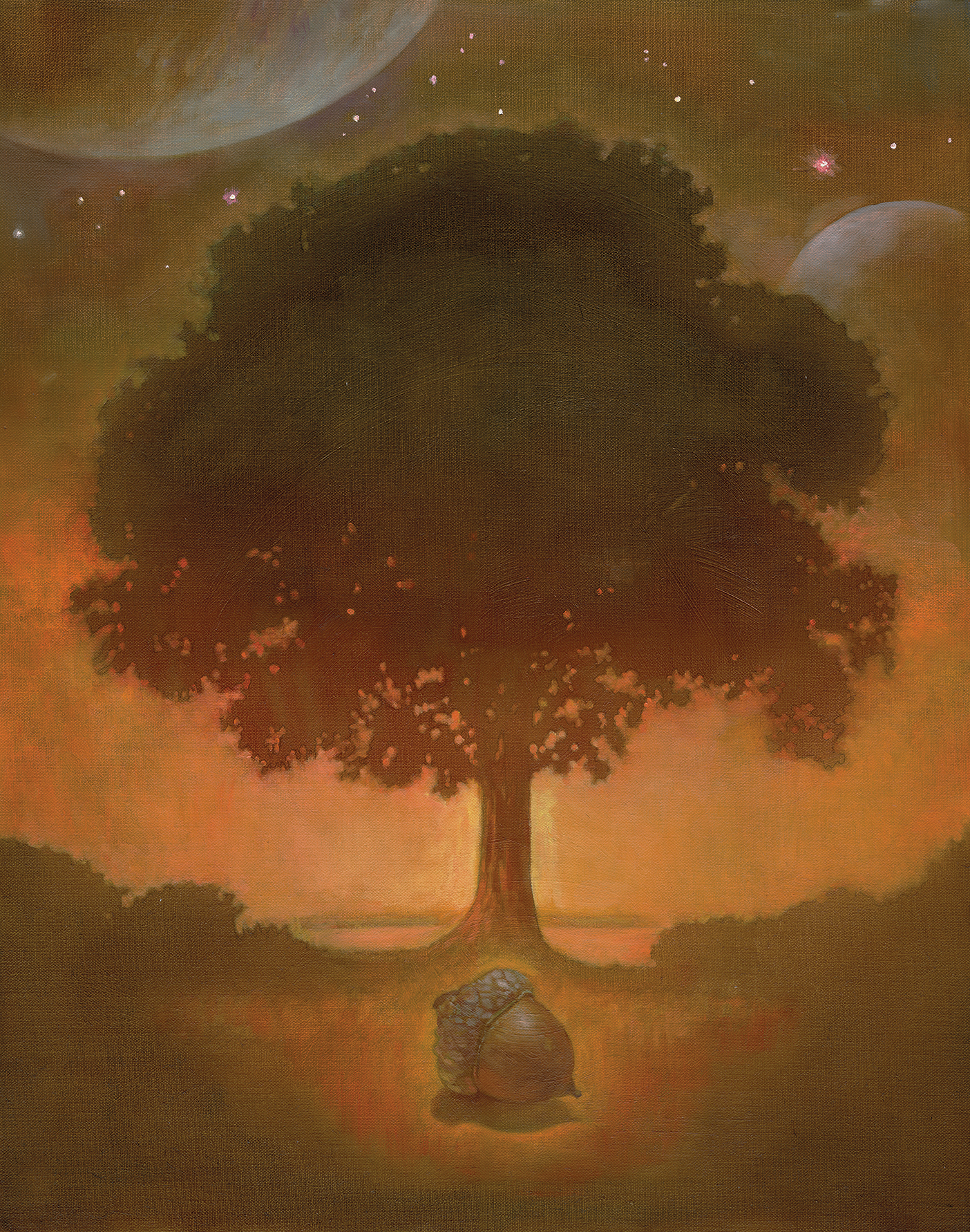 Illustration of the silhouette of an oak tree lit from behind, with an acorn in the foreground.