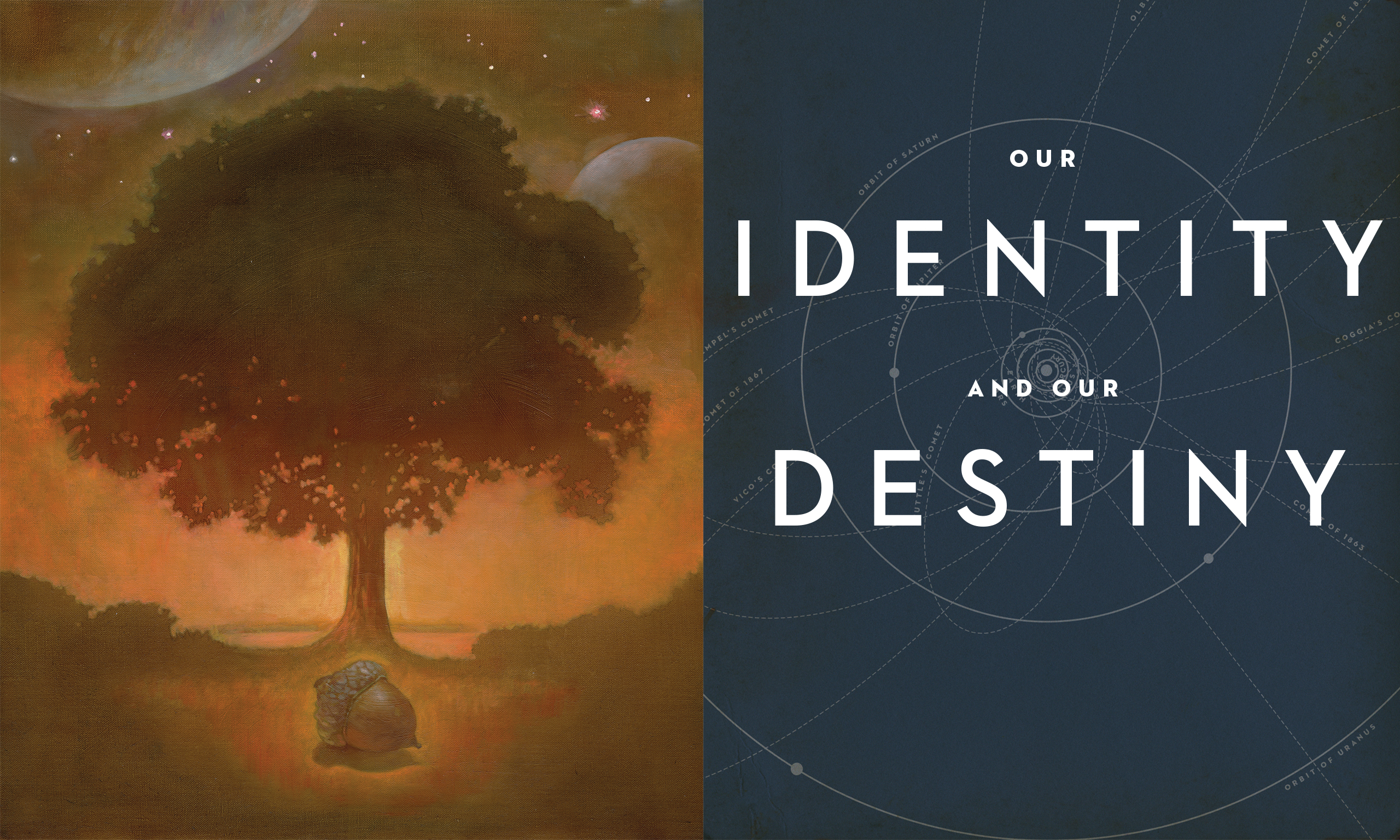 Illustration of the silhouette of an oak tree lit from behind, with an acorn in the foreground. The title for the article, "Our Identity and Our Destiny," is alongside the illustration.