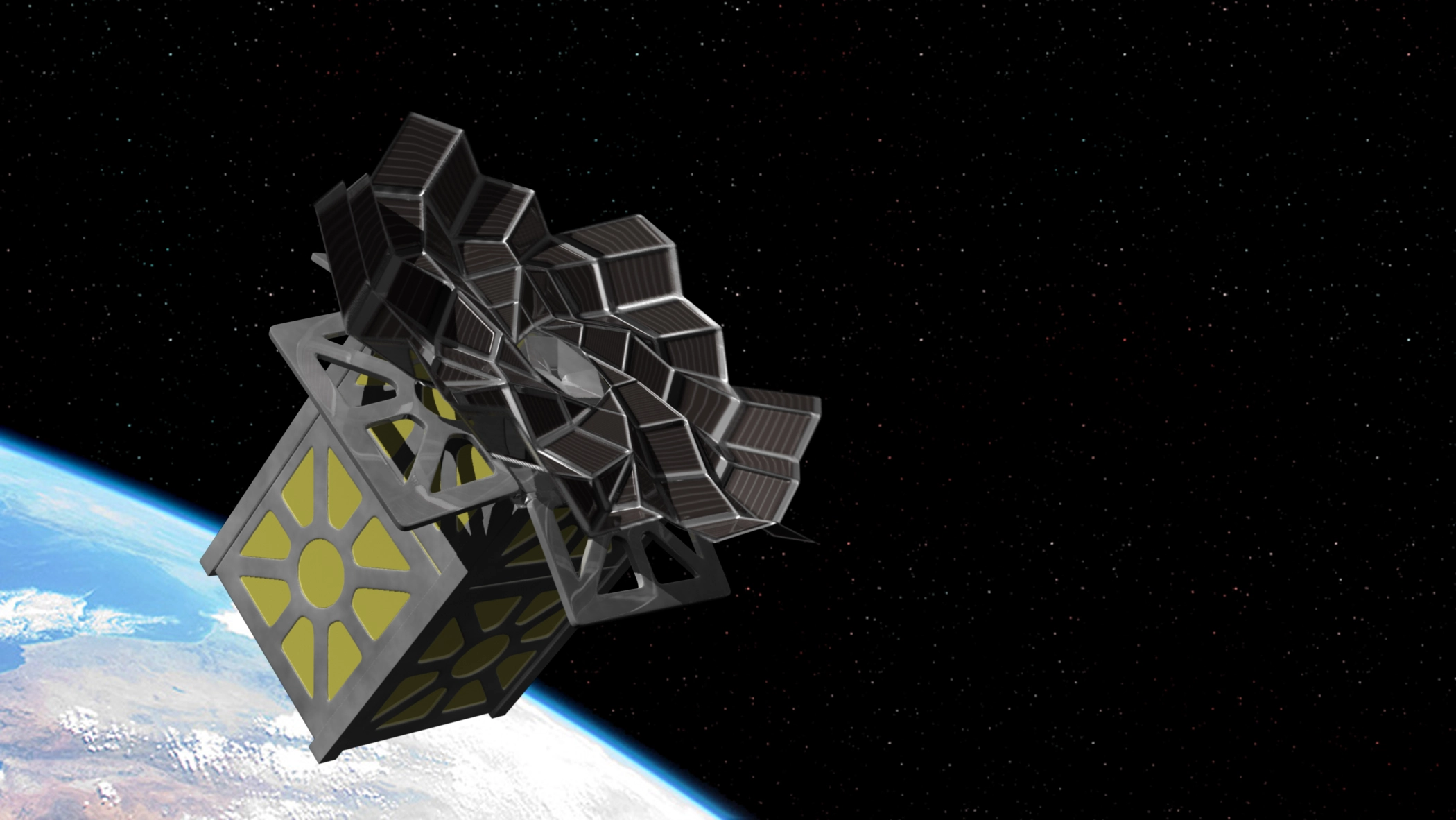 An illustration of a satellite in space. The satellite has a cubical body with multiple solar panels fanning out around the top of it.