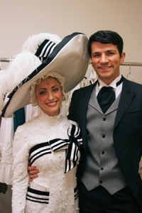 Aurora and Jeff Dickamore take a breather backstage while touring as cast members in My Fair Lady.