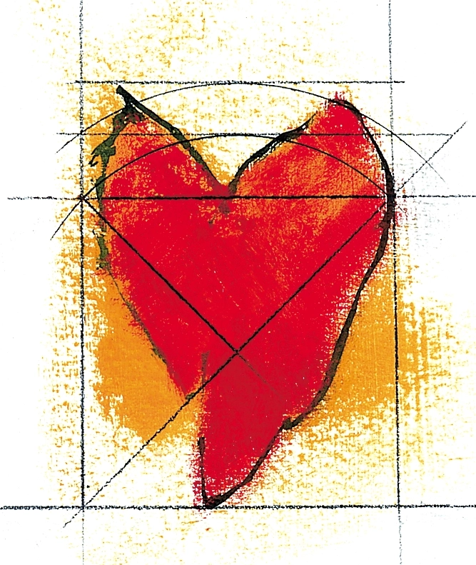 Sketch-like red and yellow heart surrounded by faint geometric construction lines.