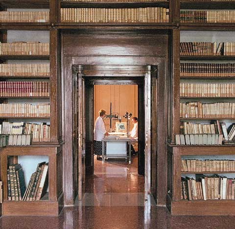 Library with researchers working at machines.