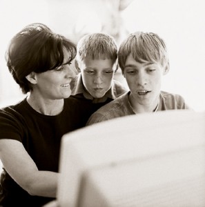 Mom and children on the computer