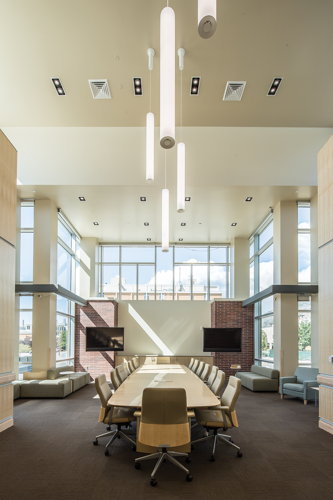 Throughout the new building large study areas entice budding scientists with couches, tables, chairs, and whiteboards.