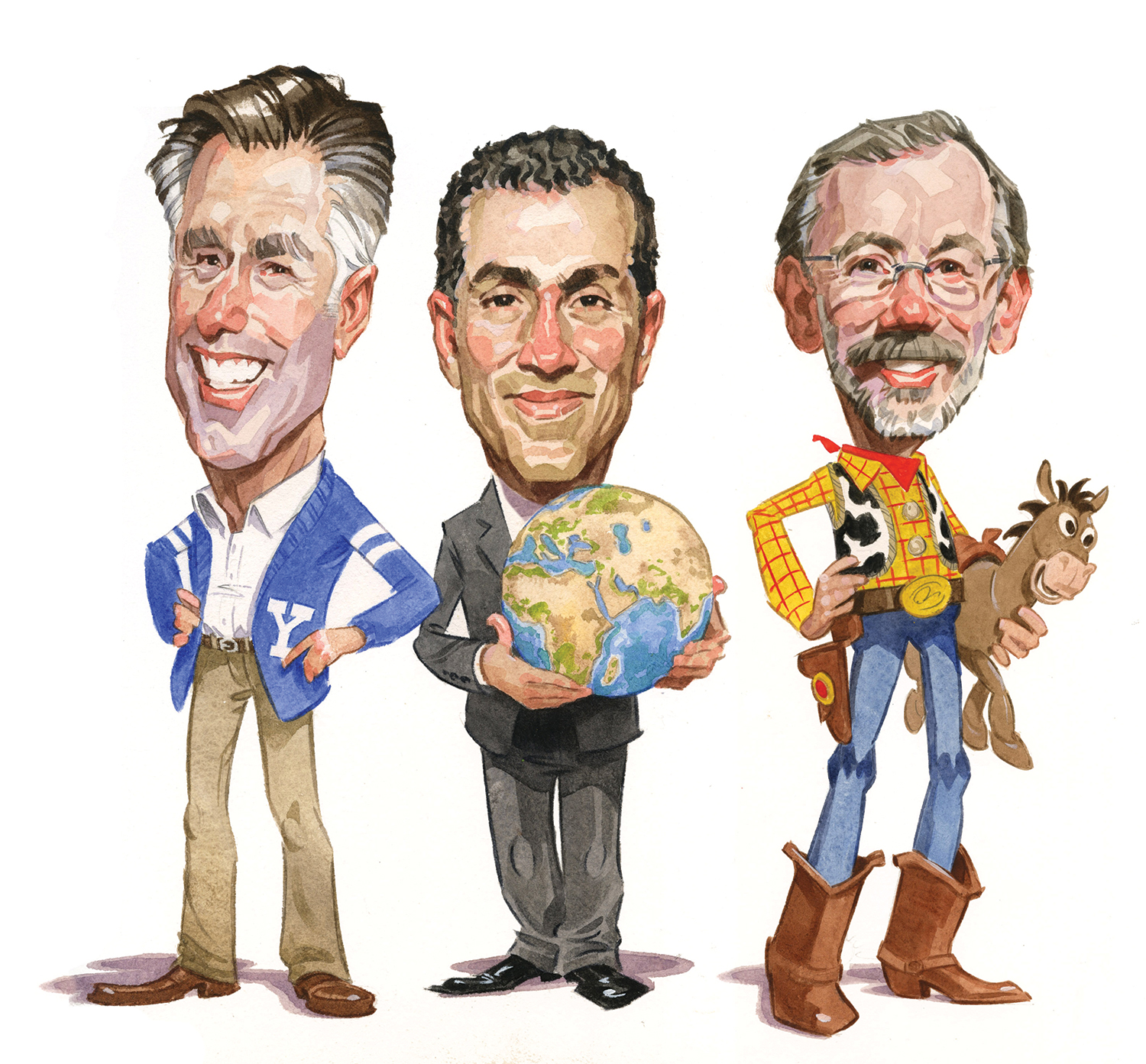 A caricature illustration of Mitt Romney, Vali Nasr, and Ed Catmull. They have large heads and small bodies. Mitt Romney is wearing a BYU cardigan with a Y on it. Vali Nasr is holding a globe. Ed Catmull is dressed like Woody from Toy Story and holding a toy "Bullseye," the horse from Toy Story.