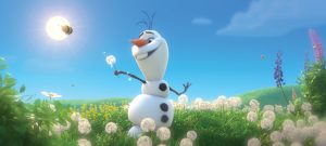 Olaf the snowman prancing in a field of dandelions