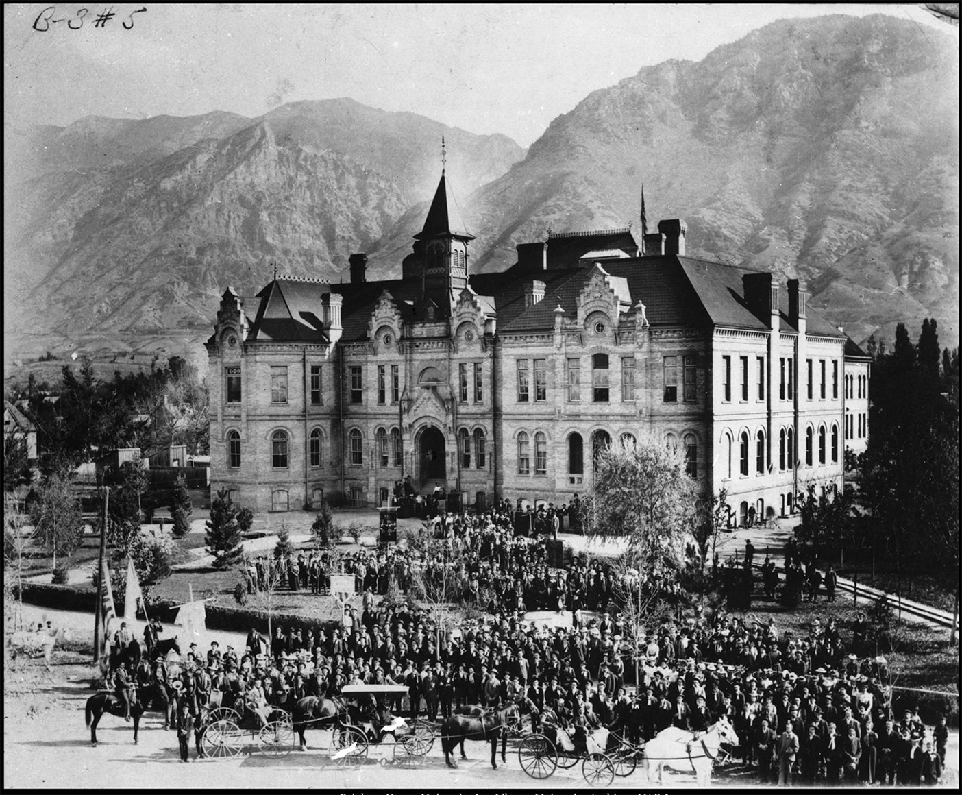 A photo of the dedication of the Brigham Young Academy Building on Jan. 4, 1892.
