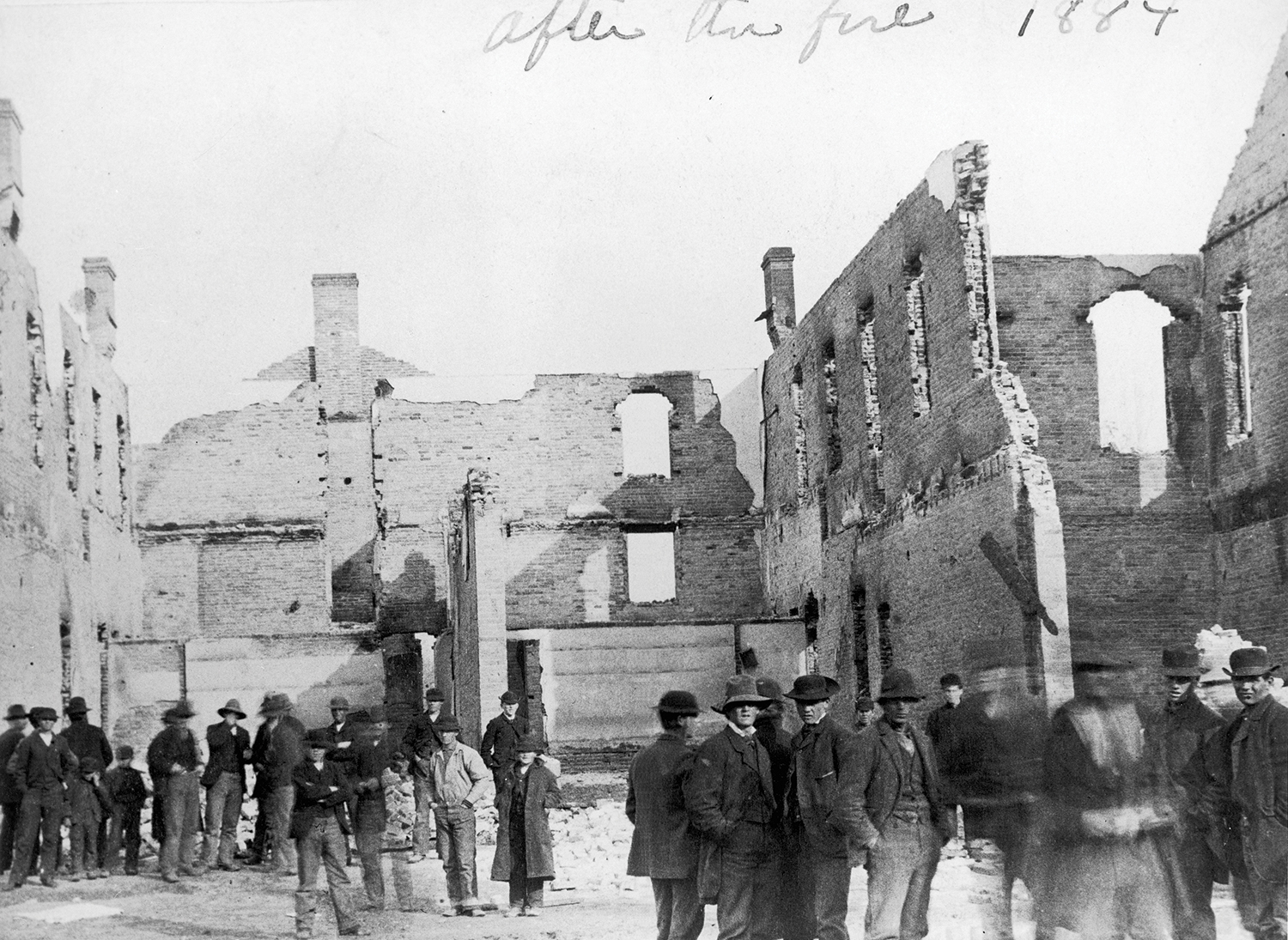 photo of the Lewis Building after an 1884 fire hollowed it out