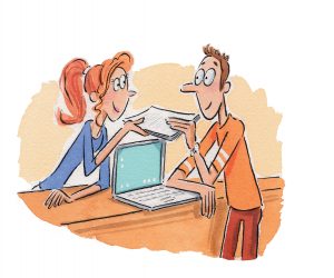 A woman is standing behind a counter and is handing papers to a man who is leaning on the other side of the counter next to his laptop. They are looking into each others eyes.