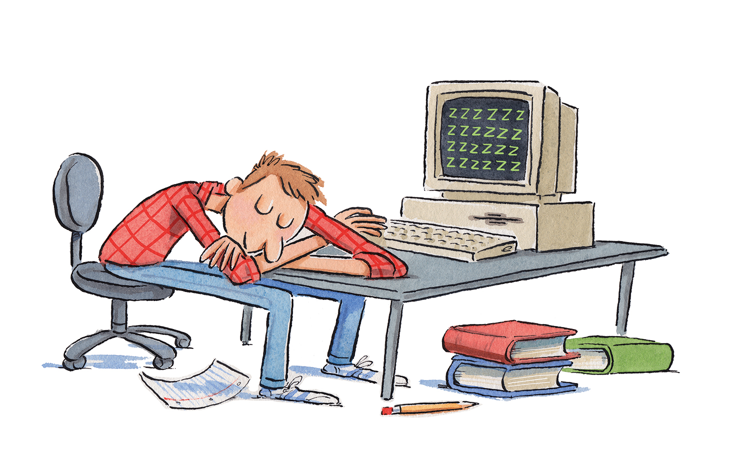 An illustration of a man asleep at his computer desk with his hand on the keyboard. The monitor displays numerous Z's. Books, a piece of paper, and a pencil are on the floor.