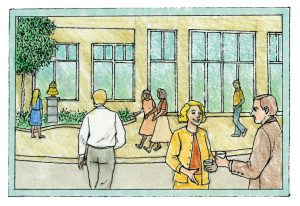 An illustration of people socializing in an open area outside of the Hinckley Center.