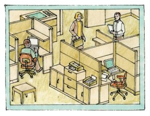 Illustration of people sitting and standing in their cubicles in an office setting.