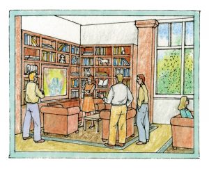 Illustration of the family room. There are people gathered around couches, a TV, and bookshelves full of books.