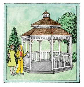An illustration of a gazebo with two people talking beside of it.