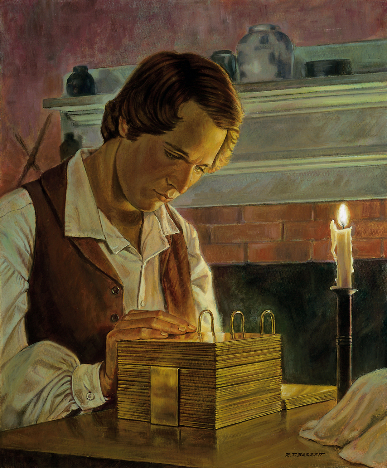 A painting of Joseph Smith with his hand on the plates as he reads.