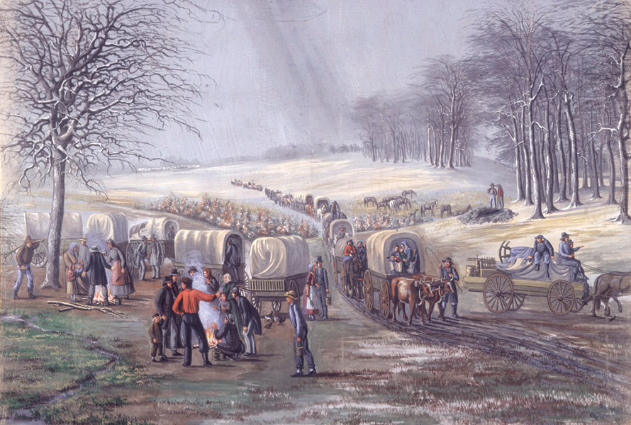 Painting of a wagon train.