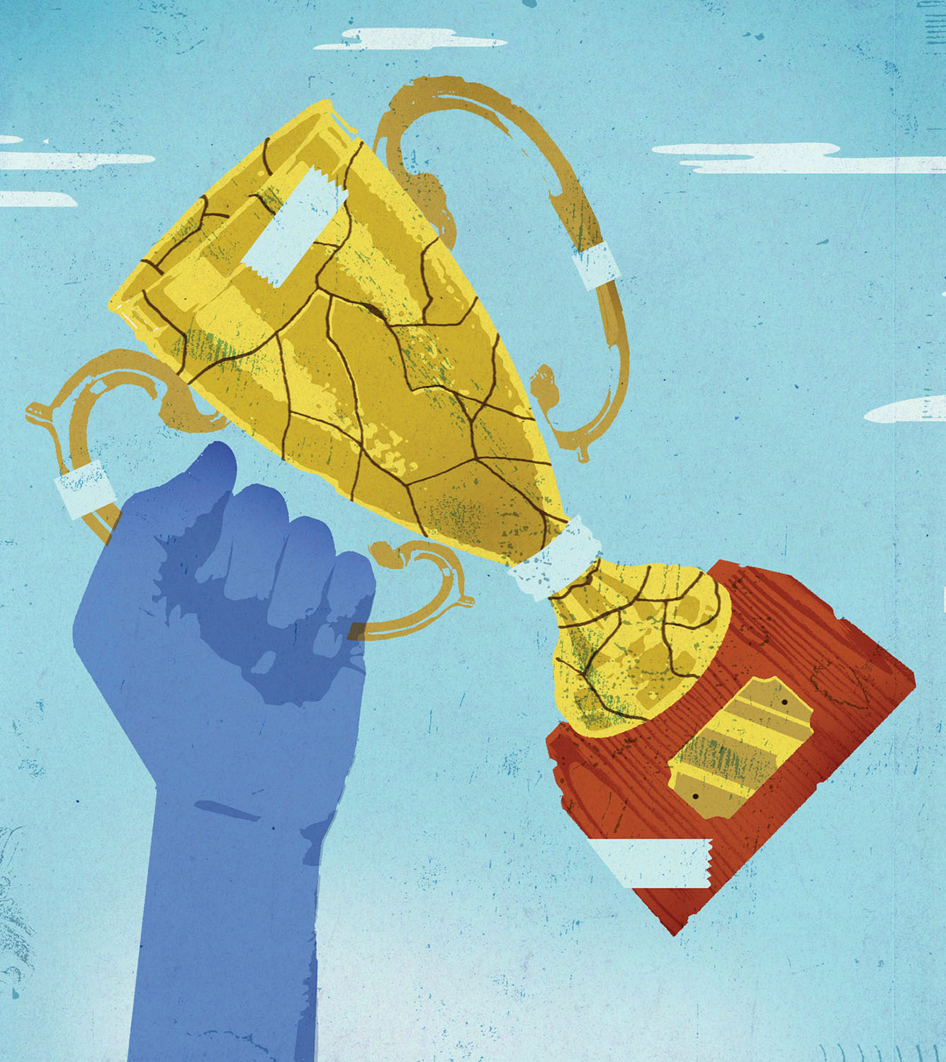 an illustration of a hand holding up a cracked trophy with tape holding it together