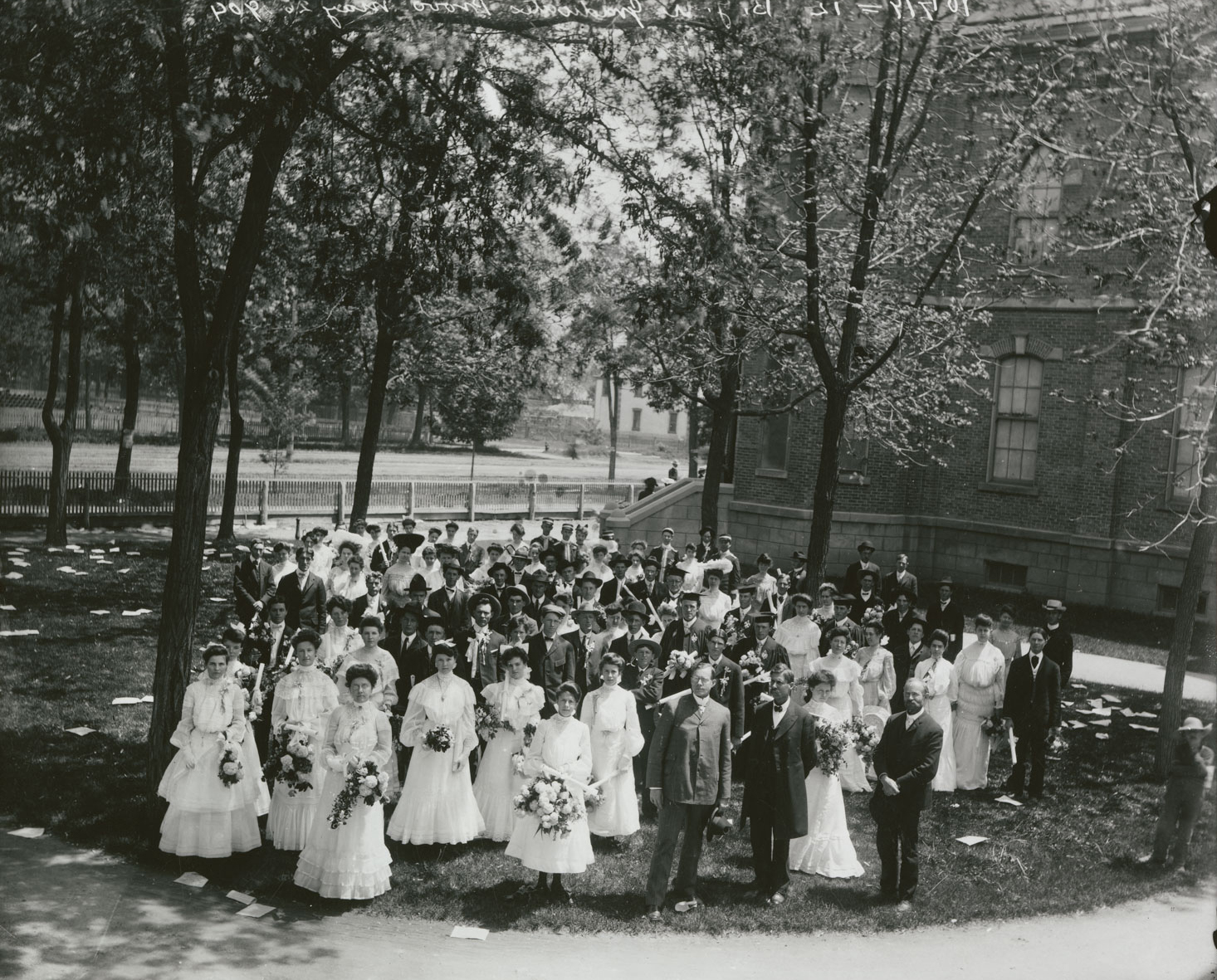 A photo of the first BYU graduation, held May 26, 1904, at the Provo Tabernacle, and a photo of another BYU event held inside.