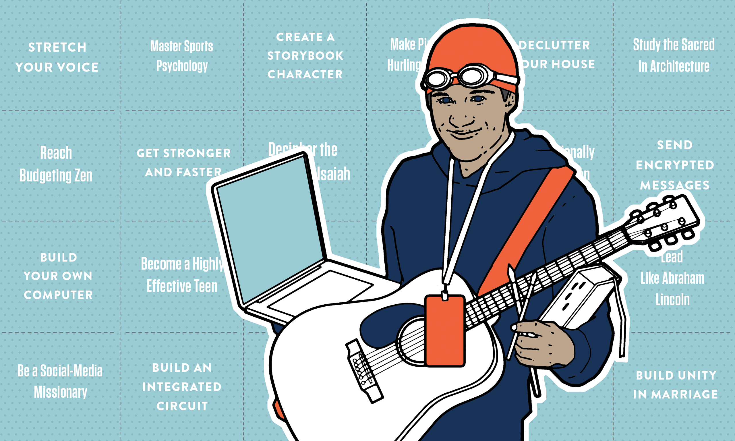 An illustration of a person holding a laptop and a guitar, wearing a swim cap and a lanyard.