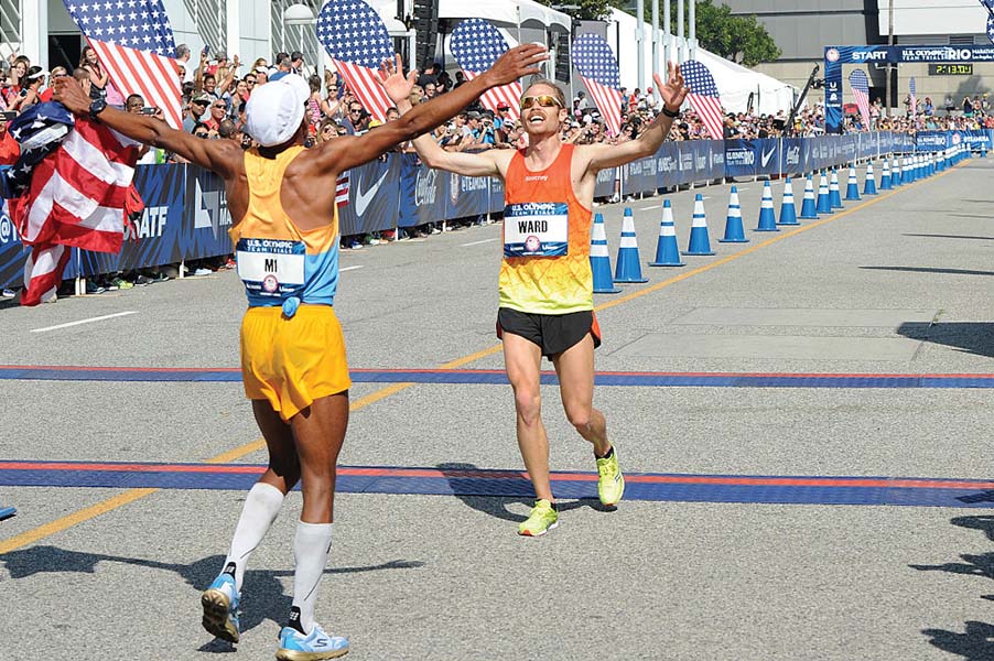 Jared Ward crossing the finish line at the 2016 U.S. Olympic Marathon Trials.