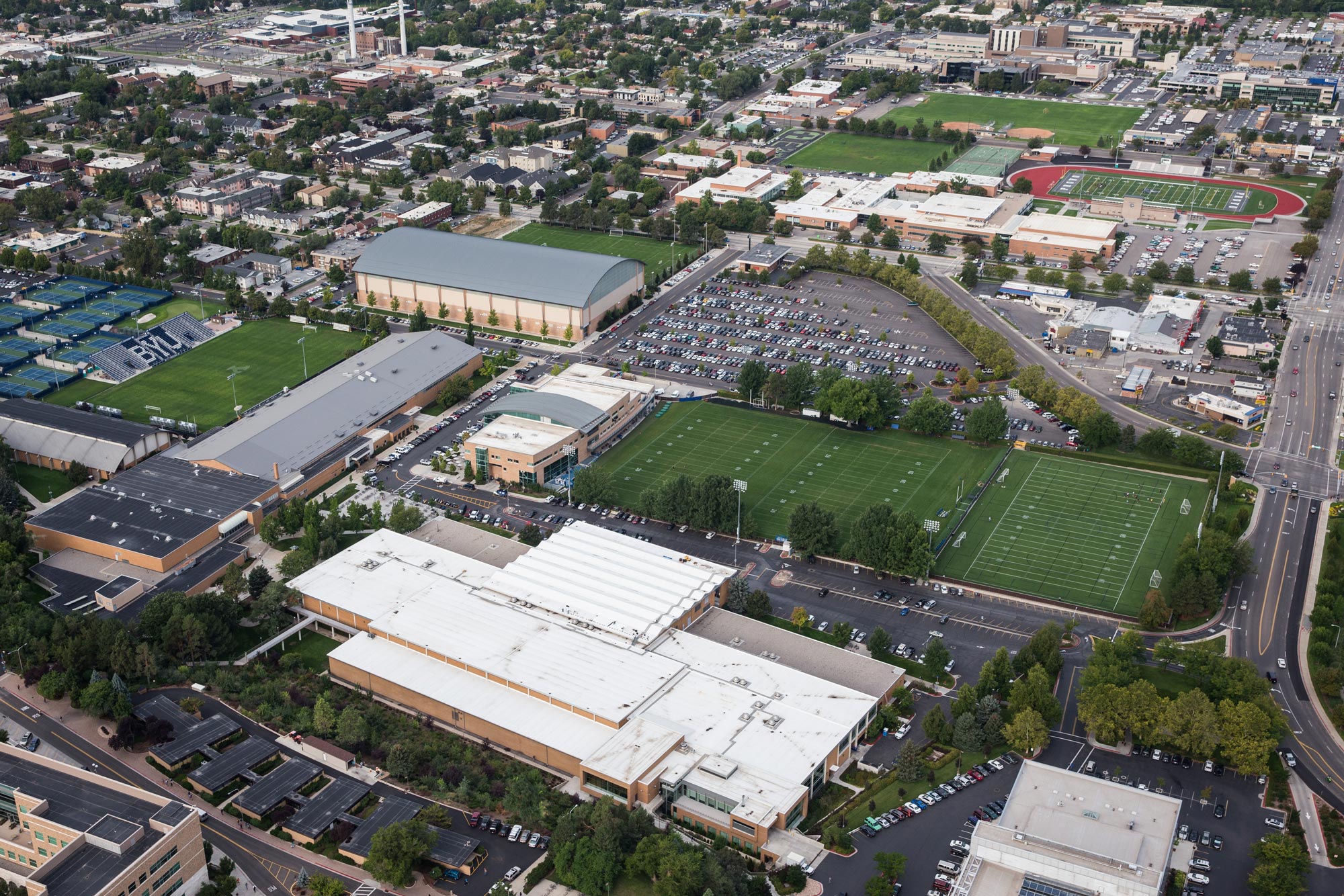 An aerial shot that captures BYU campus and the Provo High property.