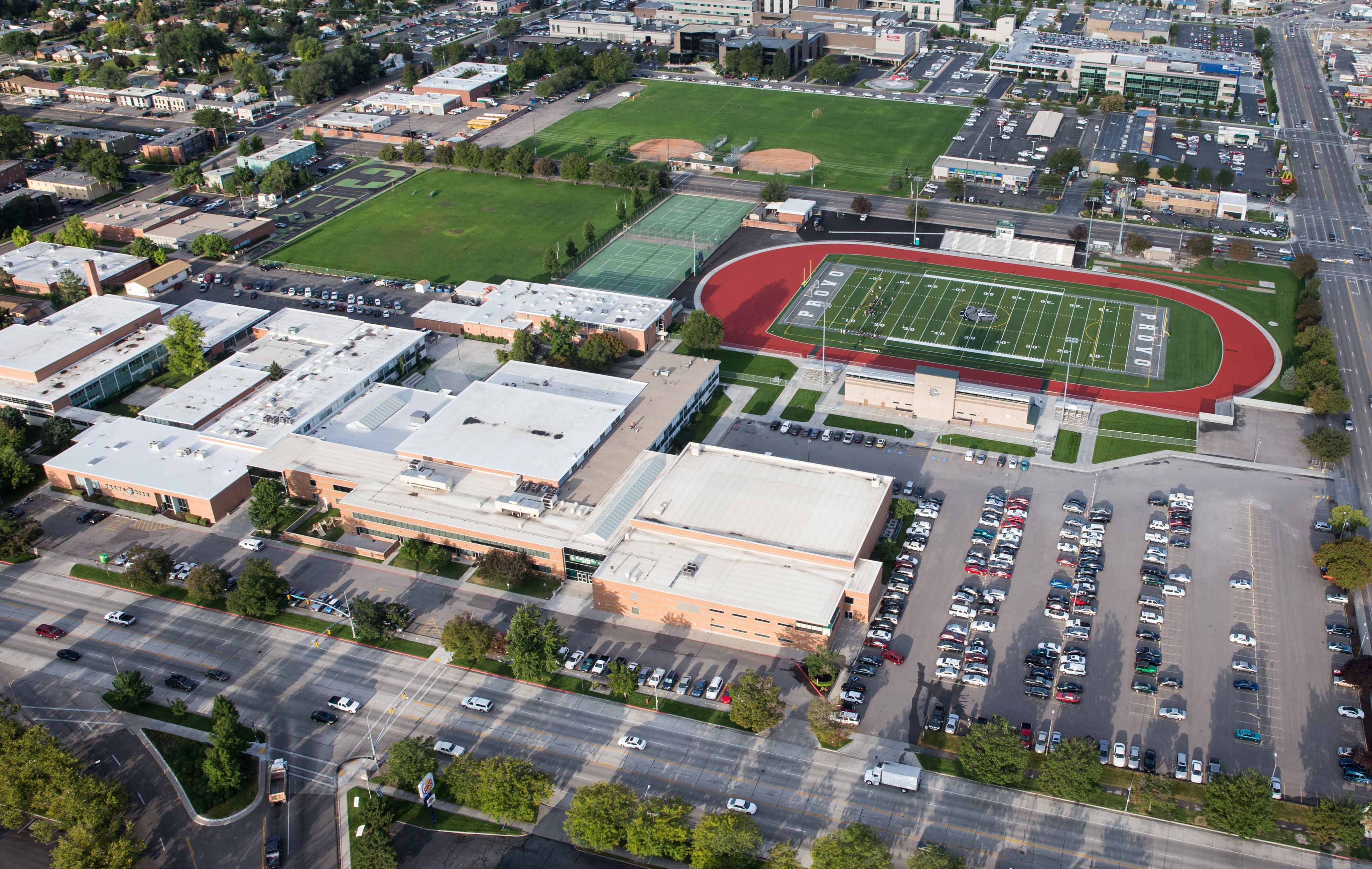 A bird's-eye shot of Provo High School